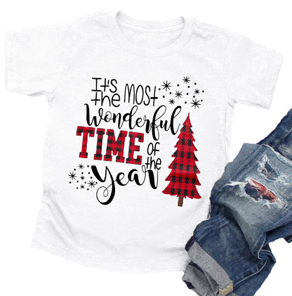 Christmas Shirts Toddler Boys Girls Xmas Buffalo Plaid Trees T-Shirt Christmas Graphic Tees Holiday Tops