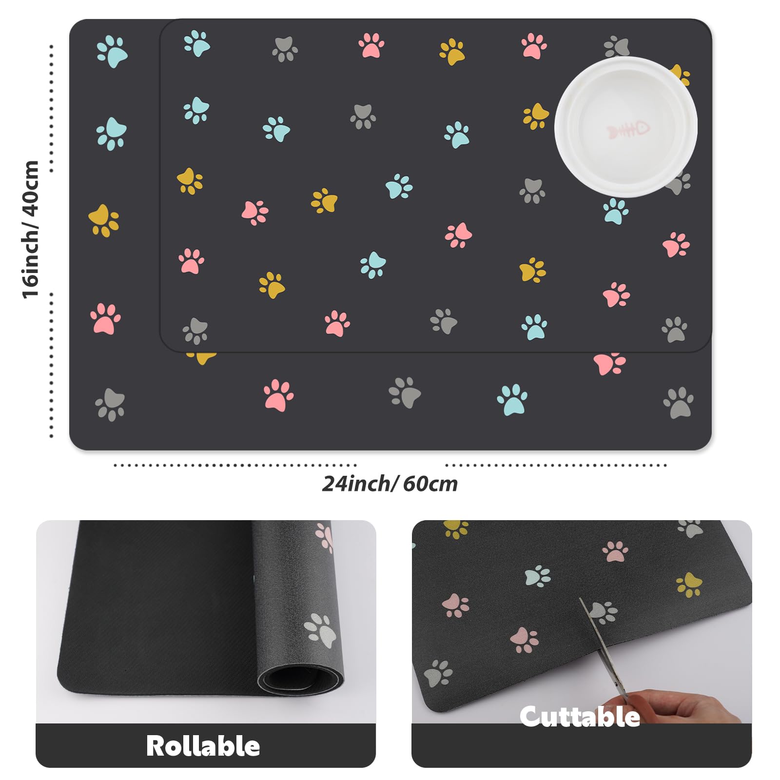Absorbent Pet Feeding Mat for Food and Water No Stains Quick Dry Mat for Dog Cat Bowl, Dark Paw12x19 Inches