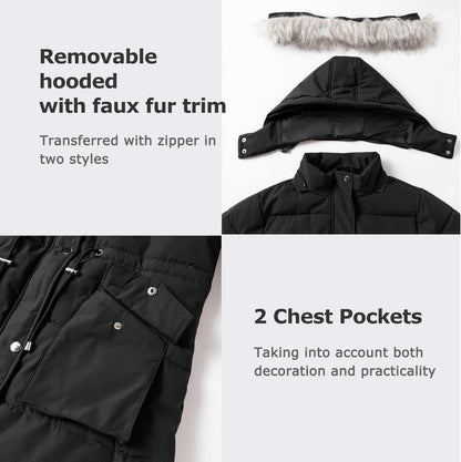 Women's Winter Hooded Coat Waterproof Down Long Jacket Warm Parka Thicken Puffer Coat with Removable Fur Hood