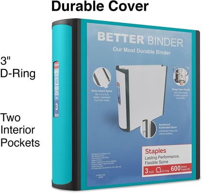 STAPLES 3 Inch BetterView Binder with D-Rings (Teal)