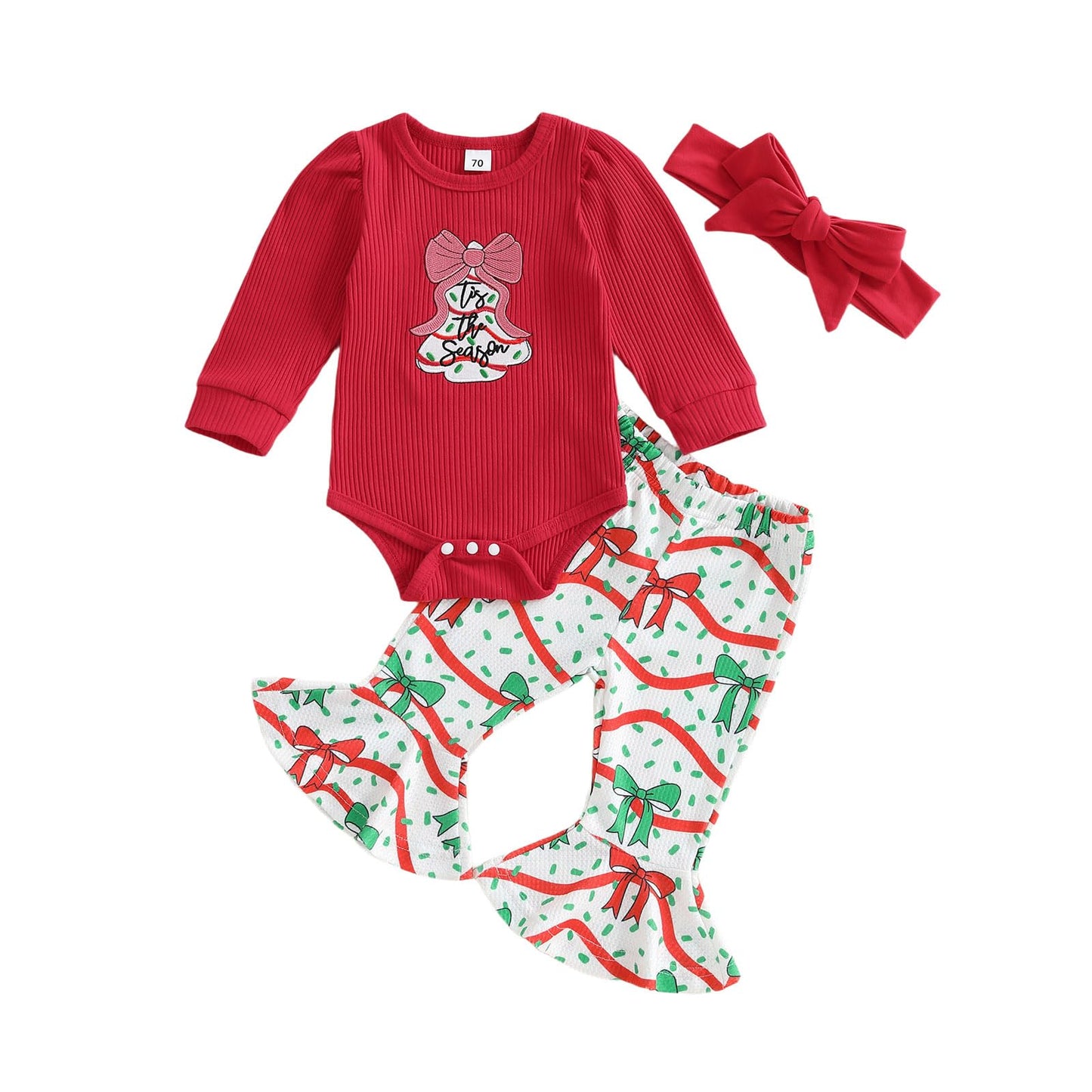 Baby Girl My 1st Christmas Outfits Letter Long Sleeve Romper Tops+Bell Bottom Pants+Headband 3 Pcs Clothes Set