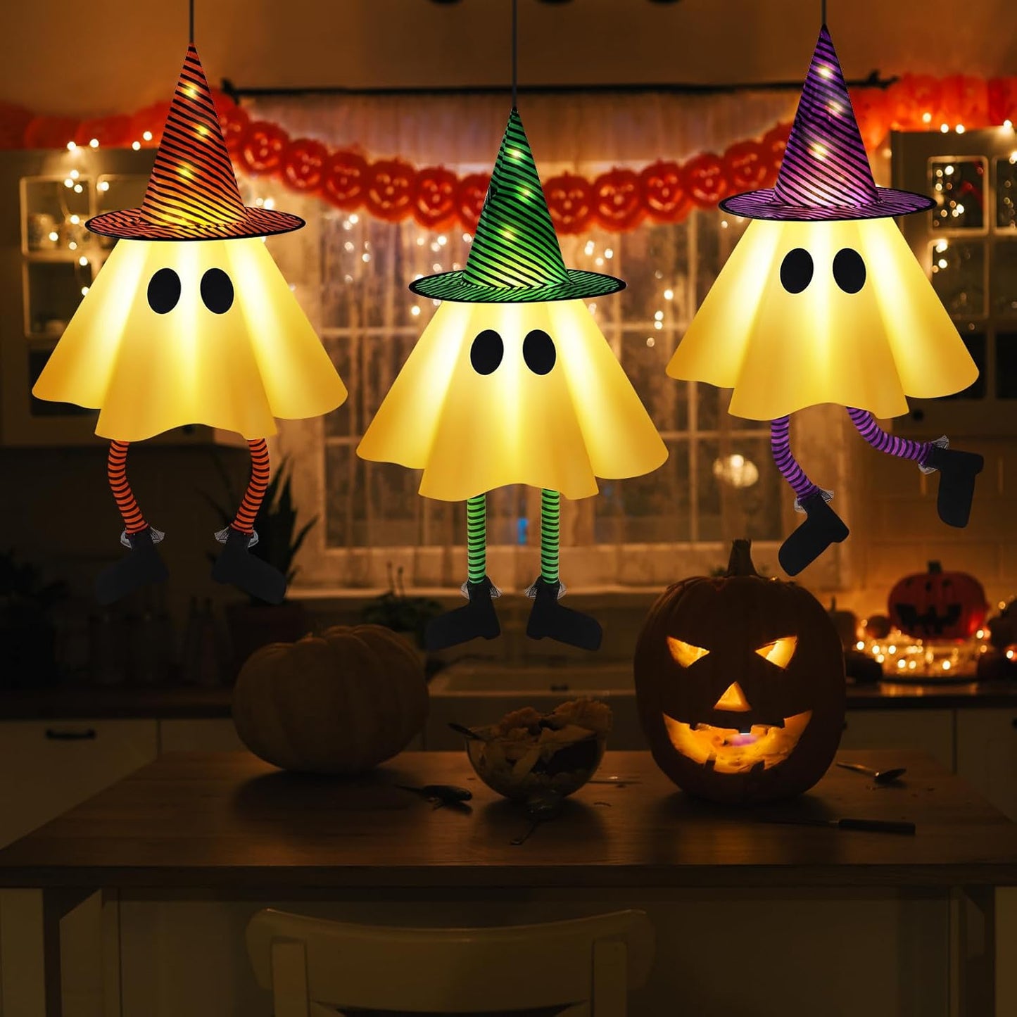 3 PCS Halloween Hanging Ghosts - Halloween Decorations Outdoor Hanging Ghosts with Witch Hats, Glowing Ghost Witch Hats Lights, Halloweens Ghosts Decor for Yard Door Patio Garden Tree Outside