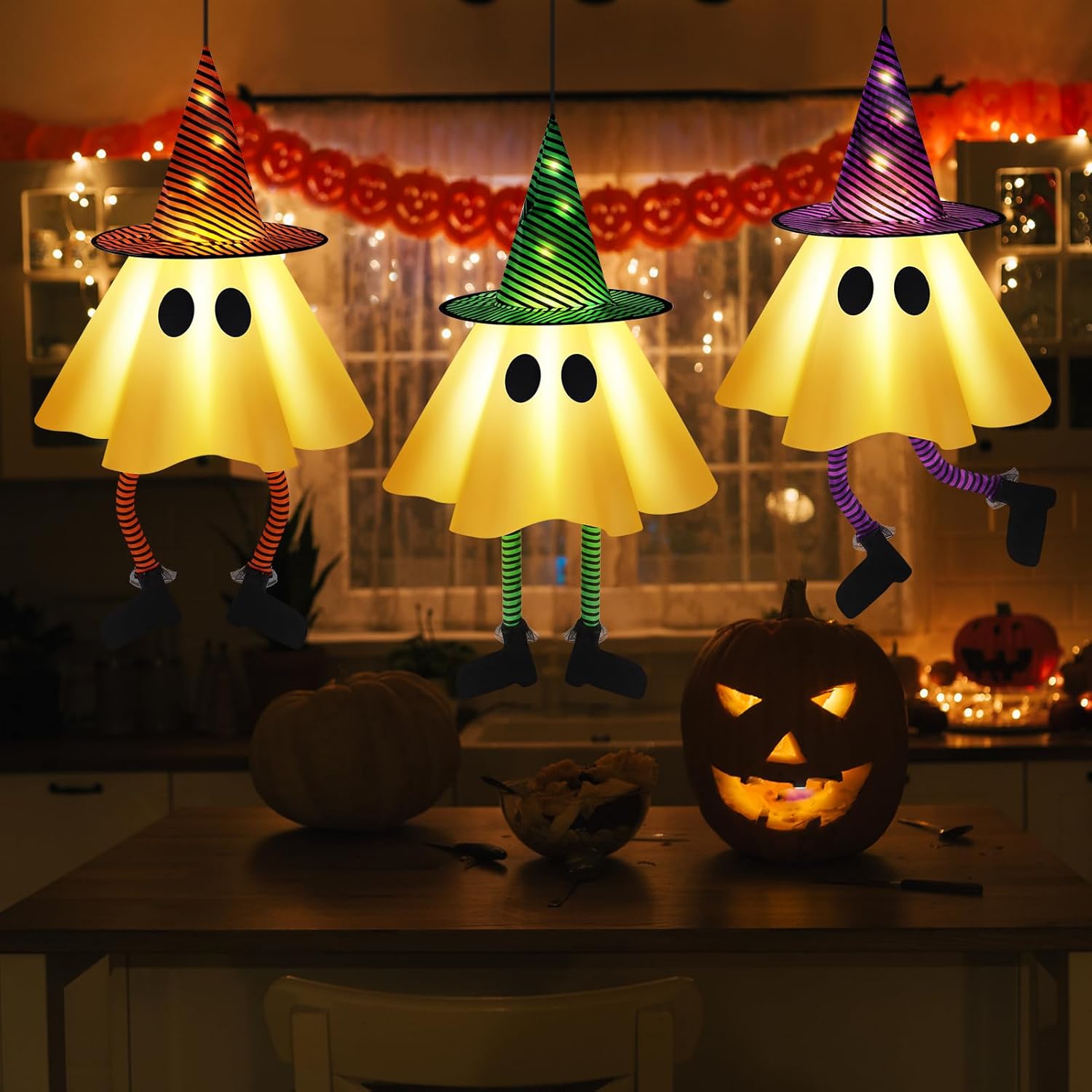 3 PCS Halloween Hanging Ghosts - Halloween Decorations Outdoor Hanging Ghosts with Witch Hats, Glowing Ghost Witch Hats Lights, Halloweens Ghosts Decor for Yard Door Patio Garden Tree Outside