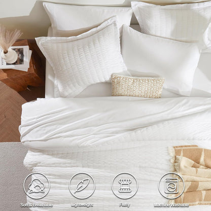 CozyLux Queen Comforter Set White Seersucker 7 Pieces Bed in a Bag Queen Comforter Set with Sheets, Luxury Soft Bedding Set with Down Alternative Comforter, Sheets, Pillowcases & Shams for All Seasons