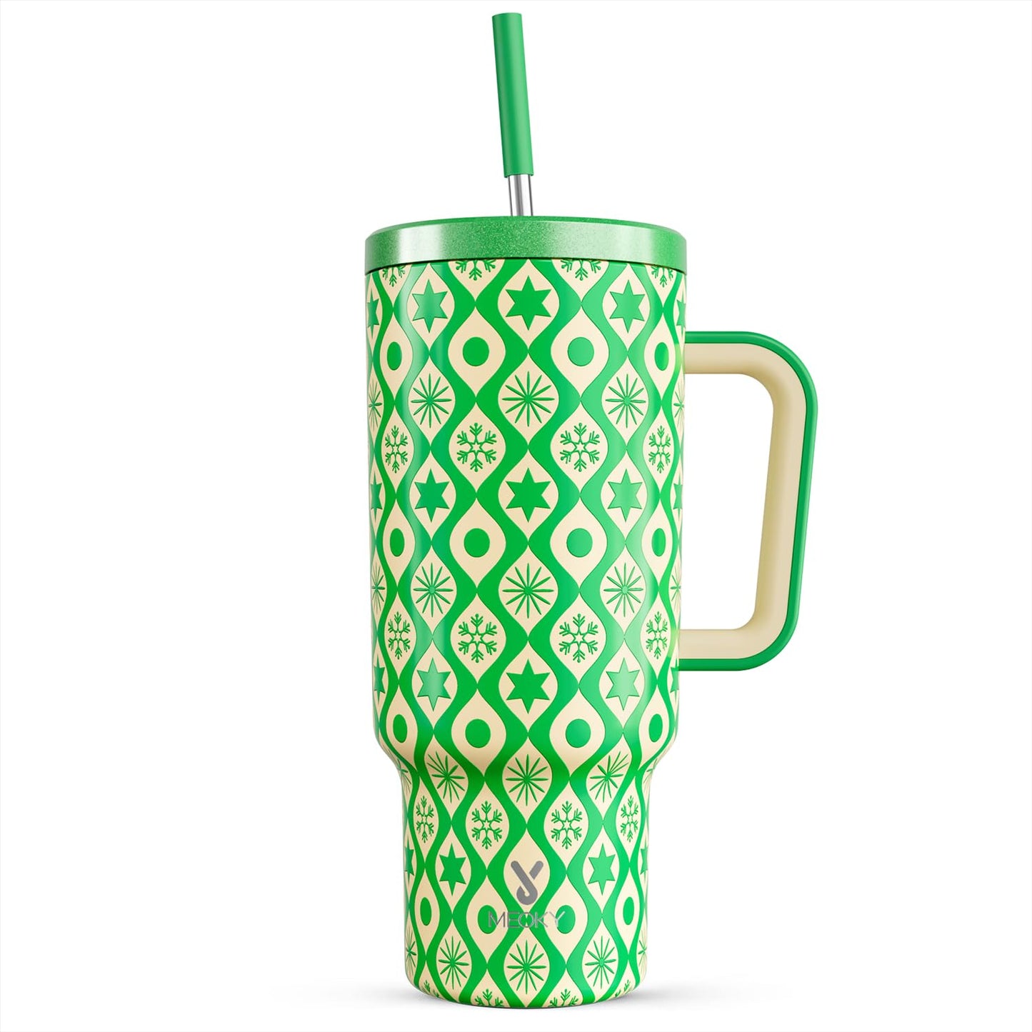 Meoky 40 oz Christmas Tumbler with Handle and Straw, Xmas Tumbler with Lid and Straw, Insulated Stainless Steel Travel Mug, Christmas Gifts for Women Men Adults (Jolly Reindeer)