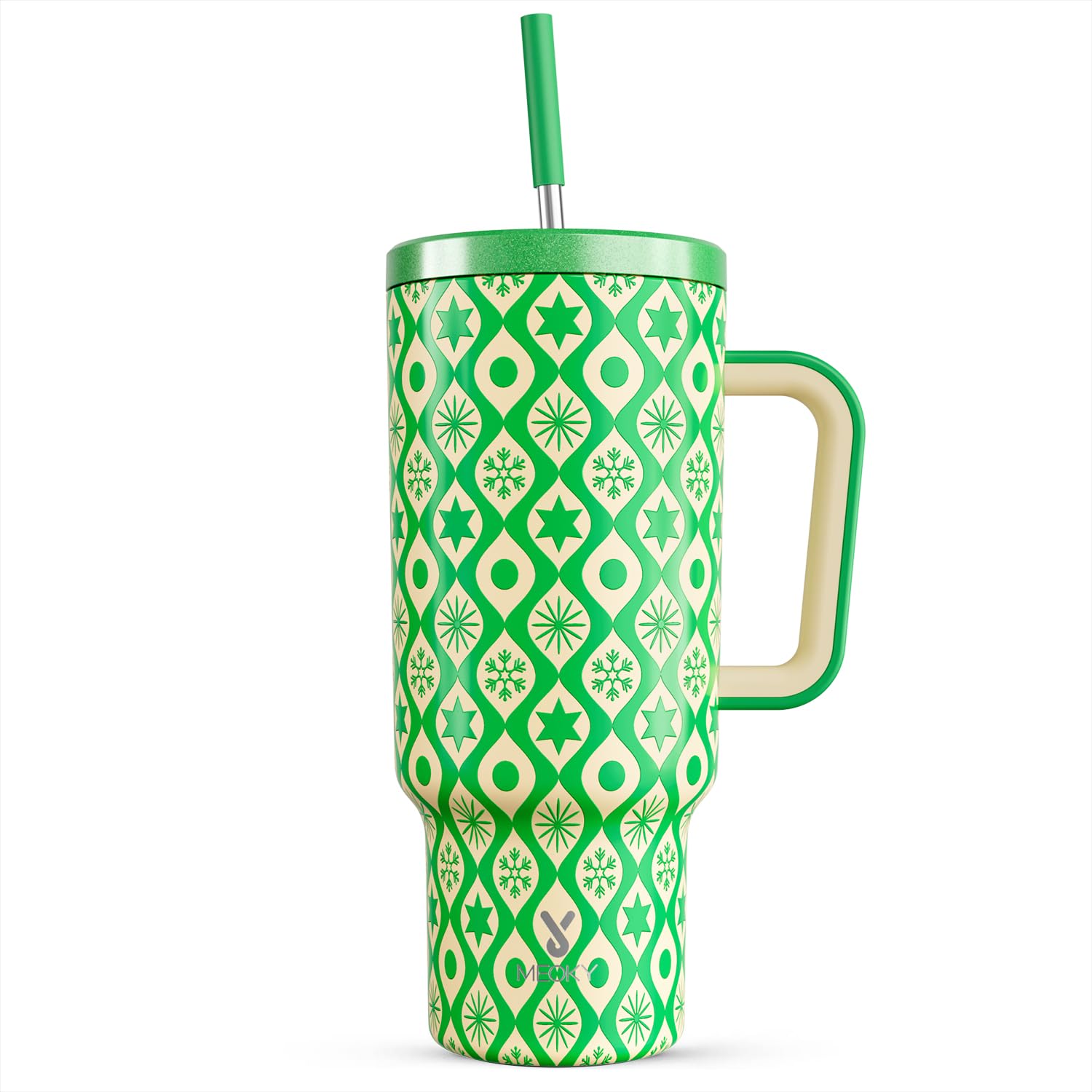 Meoky 40 oz Christmas Tumbler with Handle and Straw, Xmas Tumbler with Lid and Straw, Insulated Stainless Steel Travel Mug, Christmas Gifts for Women Men Adults (Jolly Reindeer)