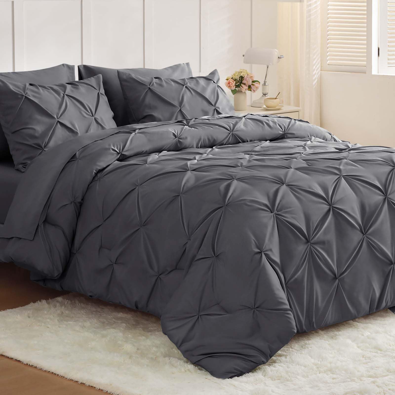 JOLLYVOGUE Queen Comforter Set 7 Pieces - Bed in a Bag Queen for All Season, Pintuck Bedding Comforter Sets with Comforter, Flat Sheet, Fitted Sheet and Pillowcases & Shams, Black