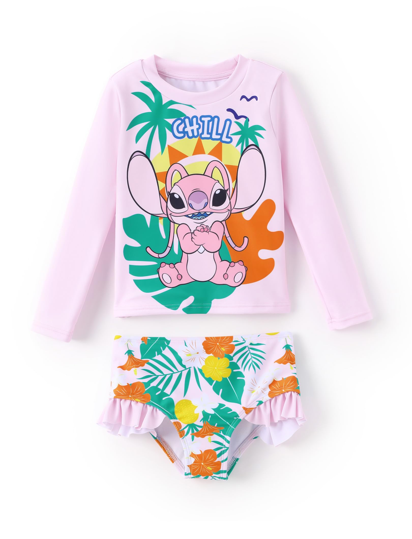 Disney Mickey and Friends Girl Two Piece Long Sleeve Swimsuit Rashguard Bathing Suit
