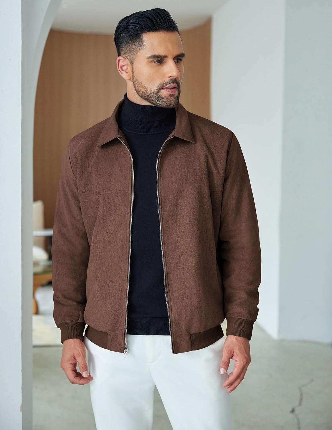 COOFANDY Men's Casual Suede Bomber Jacket Lightweight Full Zip Up Jackets Vintage Faux Leather Jacket