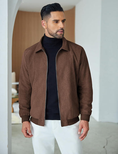 COOFANDY Men's Casual Suede Bomber Jacket Lightweight Full Zip Up Jackets Vintage Faux Leather Jacket