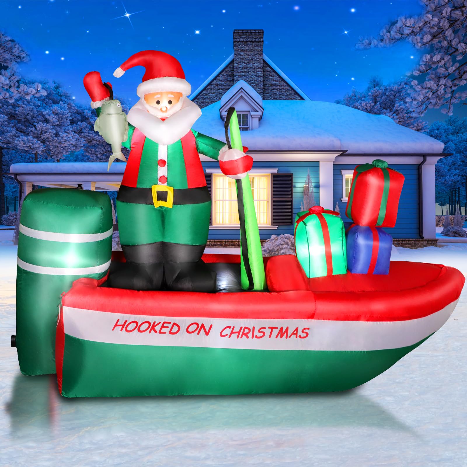 8.5 FT Long Christmas Inflatable Outdoor Decorations, Blow Up Santa Claus Helicopter with Bright LED Lights, Christmas Santa and Reindeer Flying Airplane for Xmas Decor, Lawn, Yard Holiday Party