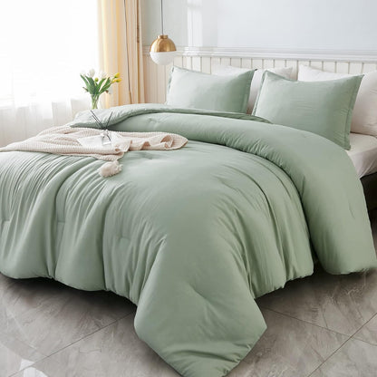Litanika Queen Comforter Set Sage Green, 3 Pieces Lightweight Comforters Queen Size Solid Bedding Comforters Sets, Down Alternative Comforter Bed Set Quilt Blanket