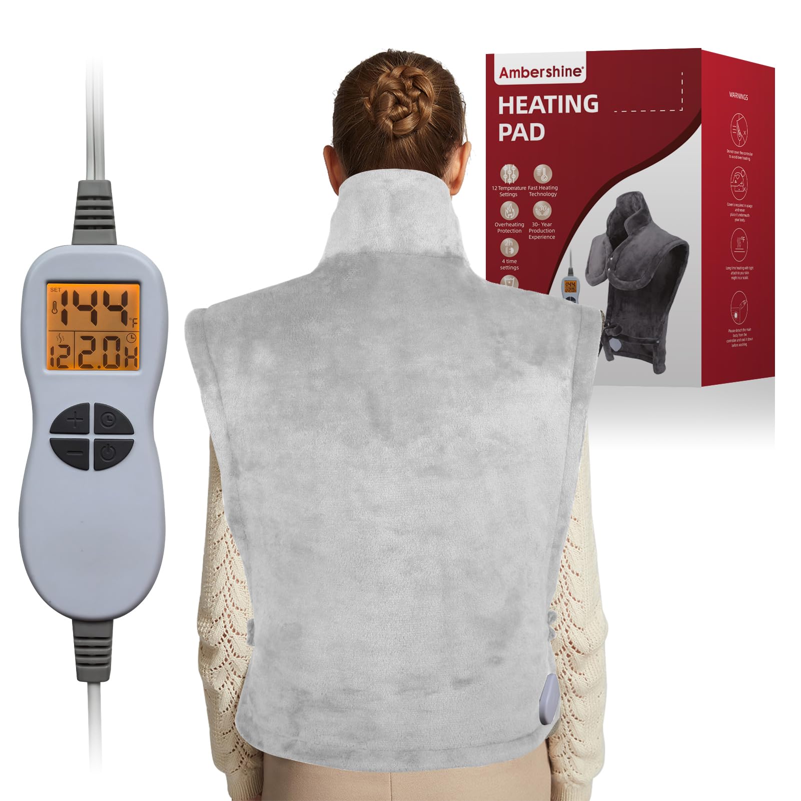 Ambershine 26"x35" XXXL King Size Neck& Shoulder& Back Heating Pad with 12 Temperature Settings& 4 Auto-Off Countdown Timers, Pain Relief for Back/Neck/Shoulder, Christmas gift for mom dad (Dark Gray)
