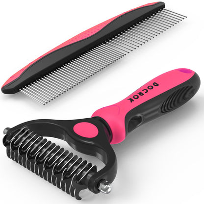 Pet Grooming Combo - Blue Deshedding Brush with Metal Comb for Detangling and Dematting Long, Matted Fur on Cats and Dogs