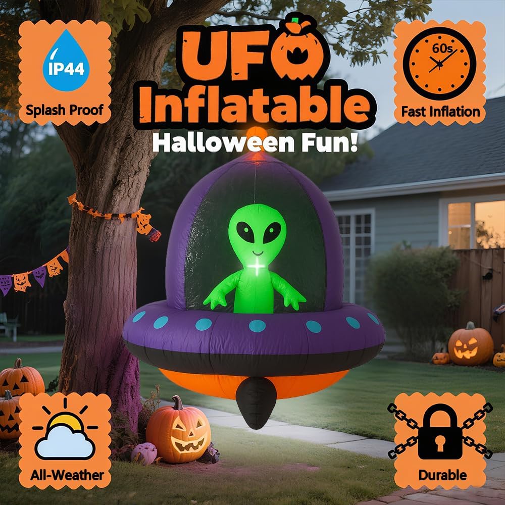 GARIG 5FT Halloween Inflatables Outdoor Decorations Aliens and UFO Build-in LEDs Lights Blow Up Yard Decorations for Garden Lawn Window Indoor Party Holiday Decor