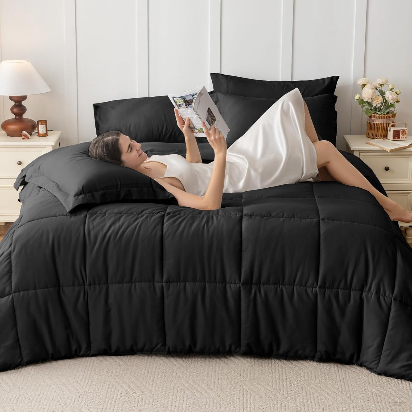 JOLLYVOGUE Queen Comforter Set, Ultra-Soft Bed in a Bag Queen Size 7 Pieces, Oeko-TEX Certified Bedding Set with Down Alternative Comforter, Sheets, Pillowcases & Shams, Black