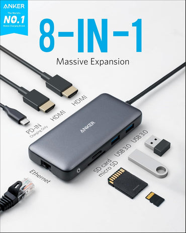 Anker Laptop Docking Station Dual Monitor, 8-in-1 USB C Hub, 4K Dual Monitor with 2 HDMI, 1 Gbps Ethernet Hub, 85W Power Delivery, SD Card Reader for MacBook Pro, XPS and More