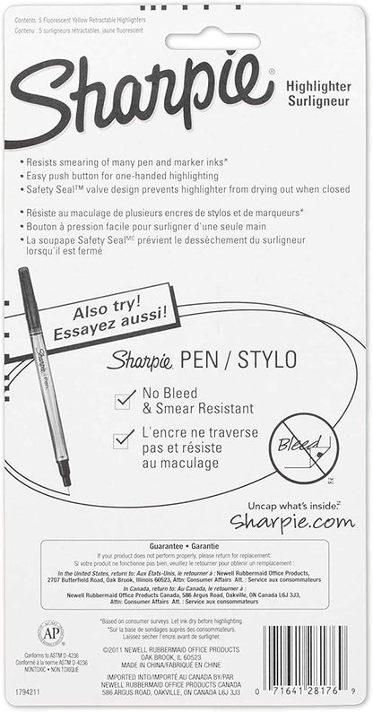 SHARPIE 1740822 Accent Retractable Highlighter, Chisel Tip, Fluorescent Yellow, 5-Count