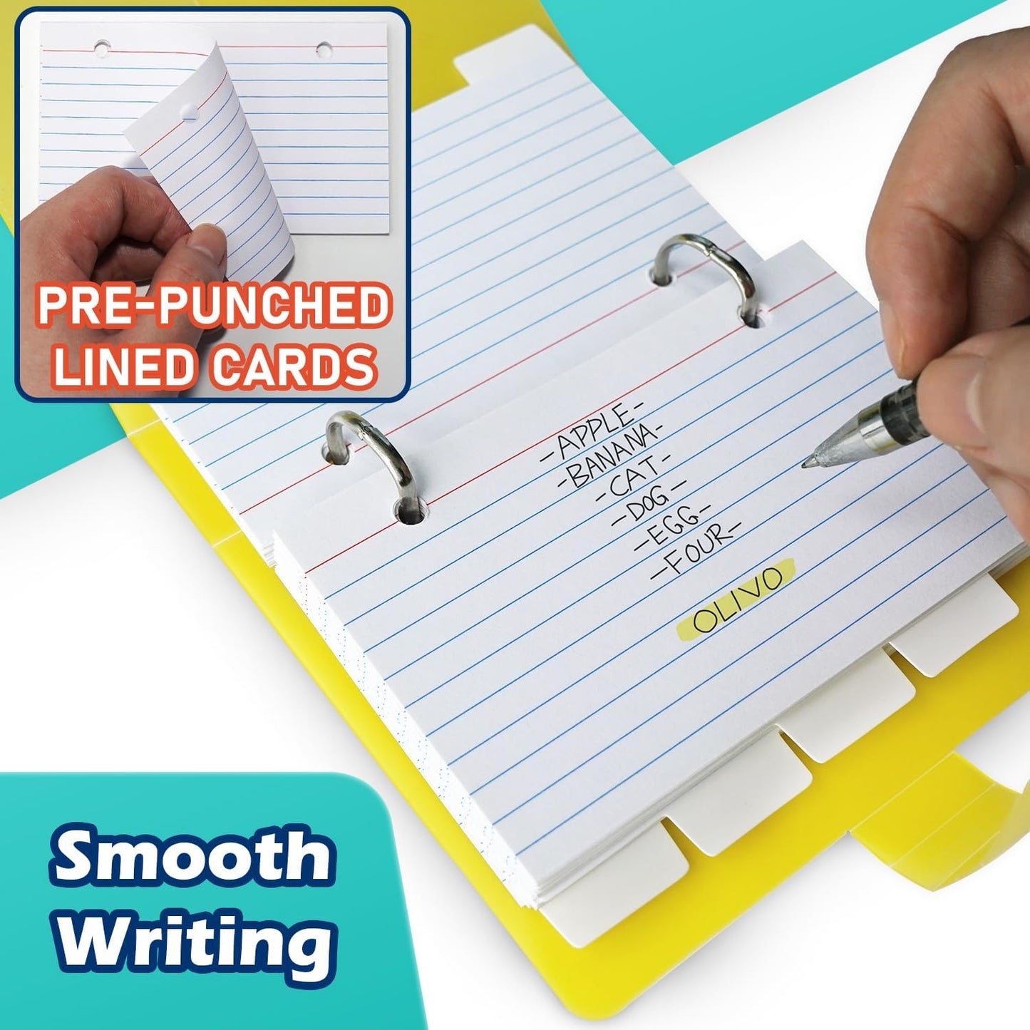 3x5 Lined Index Cards with Ring Binder Holder and Dividers, 100 Ruled Cards, Black