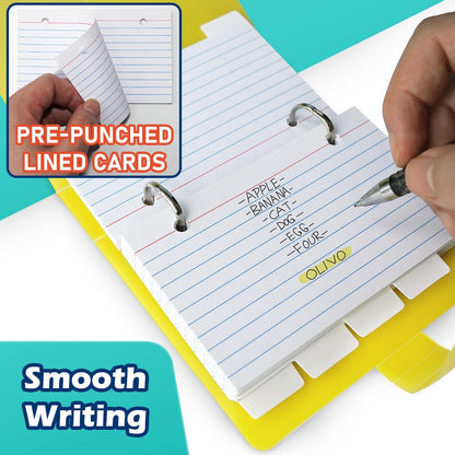 3x5 Lined Index Cards with Ring Binder Holder and Dividers, 100 Ruled Cards, Black