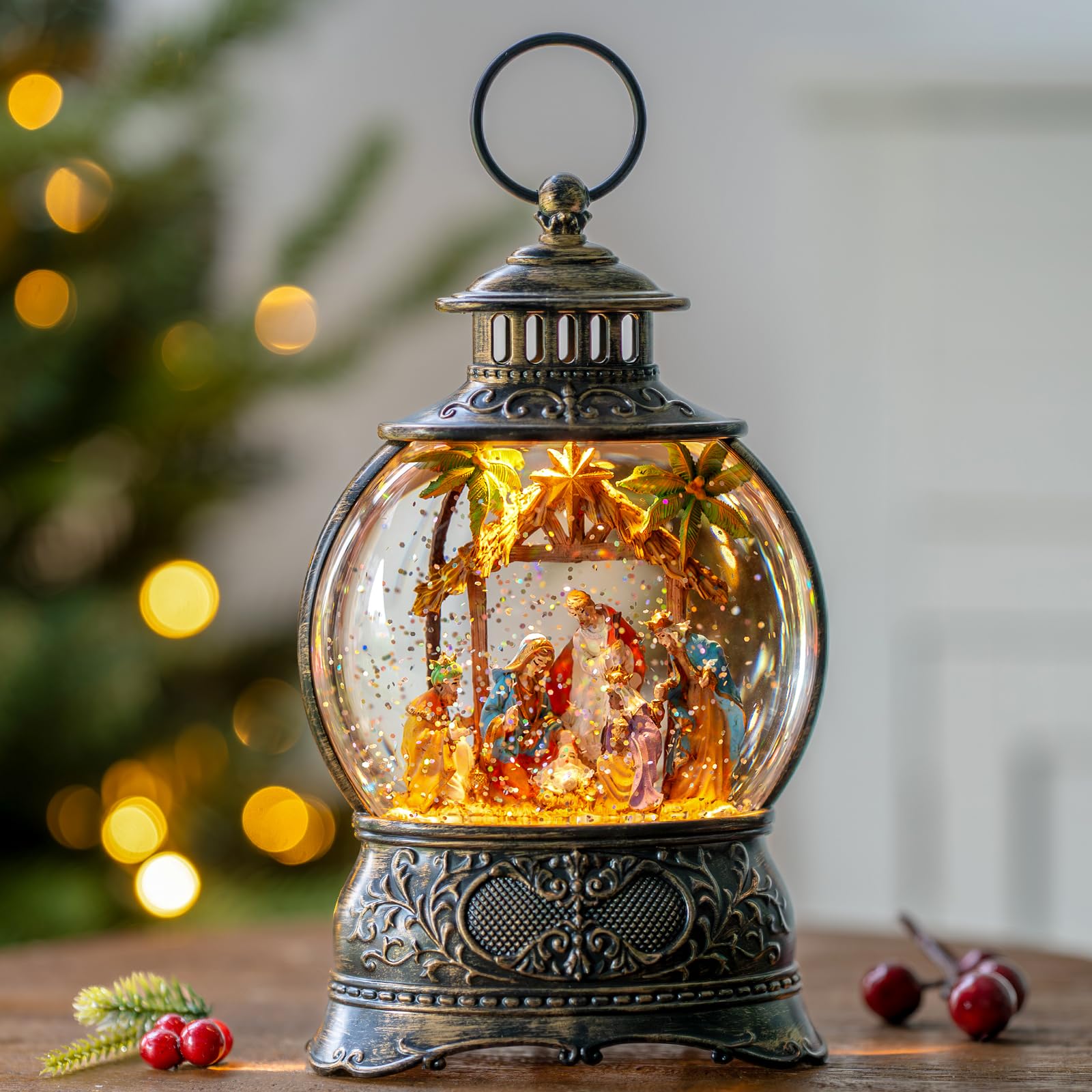 Christmas Snow Globes Christmas Water Lantern with Snowy Train Snowman, Music & 6H Timer, USB Lined/Battery Operated Lighted Lanterns for Xmas Festival Decoration Gifts