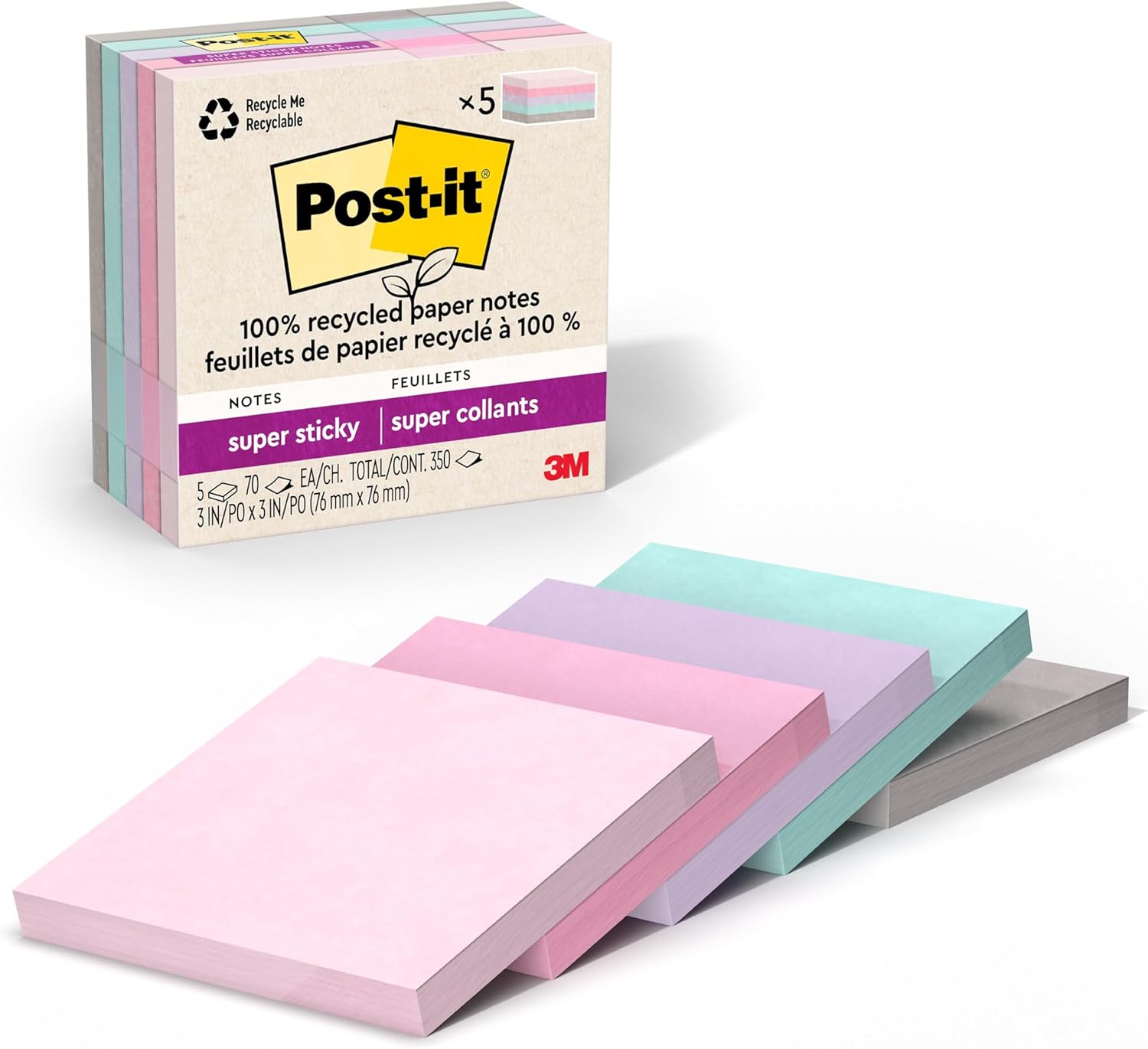Post-it 100% Recycled Paper Super Sticky Notes, 2X The Sticking Power, 3x3 in, 5 Pads, 70 Sheets/Pad, Wanderlust Pastels Collection (654R-5SSNRP)