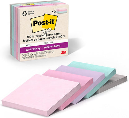 Post-it 100% Recycled Paper Super Sticky Notes, 2X The Sticking Power, 3x3 in, 5 Pads, 70 Sheets/Pad, Wanderlust Pastels Collection (654R-5SSNRP)