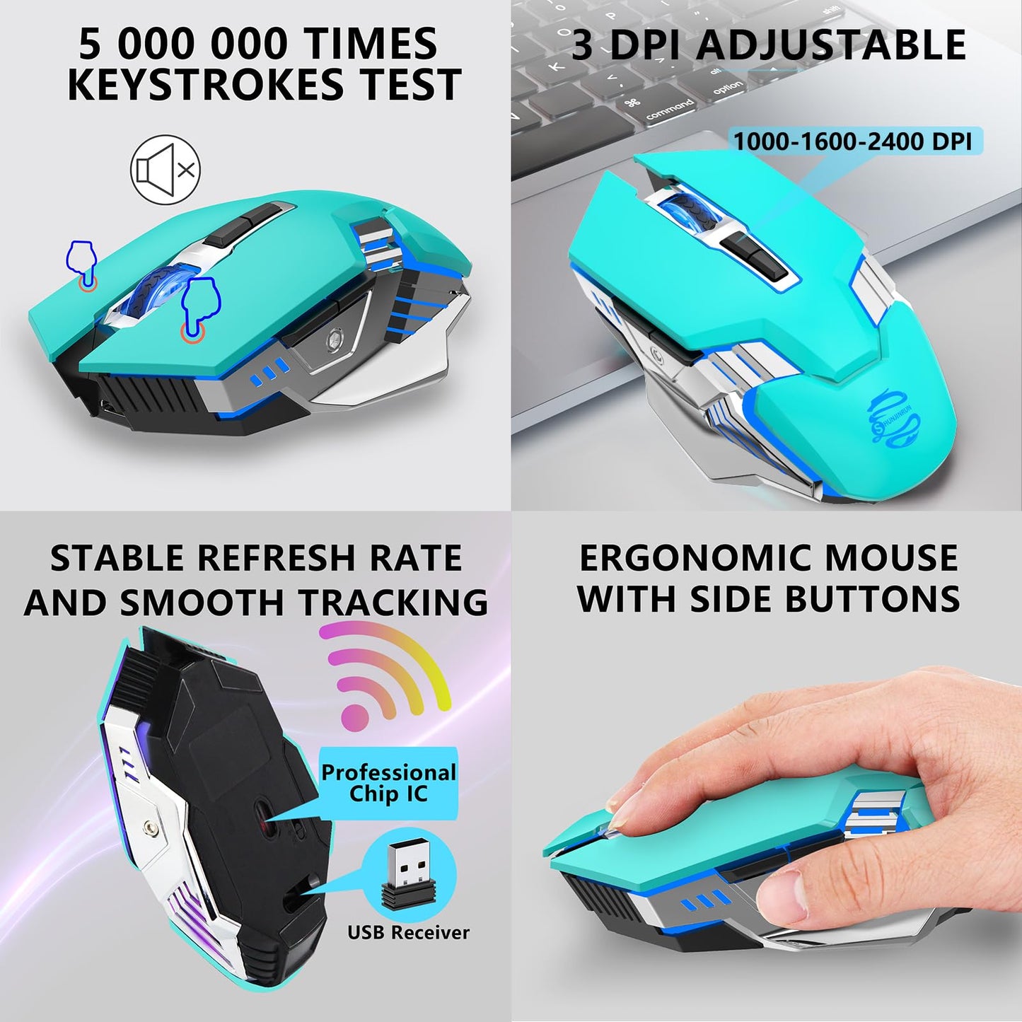 Bluetooth Gaming Mouse, RGB Rechargeable USB Wireless Mouse, Quiet Click, LED Backlit, Ergonomic, with Side Button, 6 Button, DPI Adjustable, Computer Mice for Laptop PC MacBook Chromebook - Grey