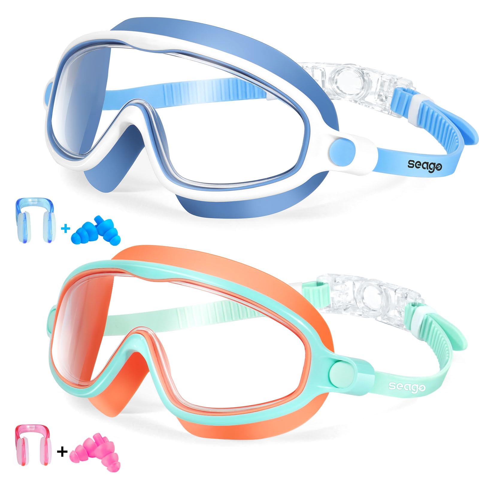 Seago Swim Goggles 2 Pack Anti-Fog Anti-UV Wide View Swimming Goggles for Kids 3-14
