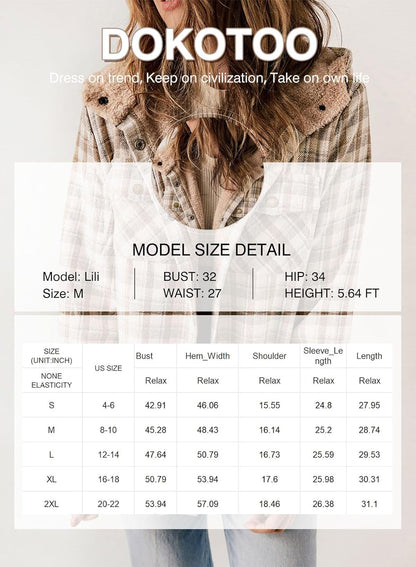 Dokotoo Womens Plaid Shacket Jacket Long Sleeve Button Down Fleece Hooded Jackets Warm Coat