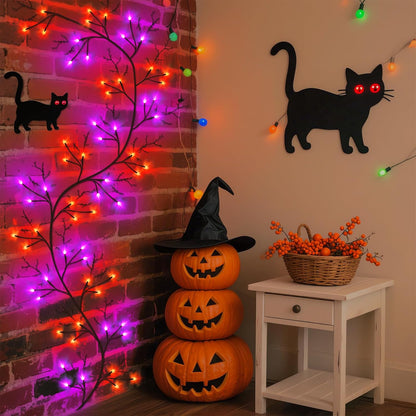 7 Ft Halloween Decorations Willow Vine Twig Garland with 8 Modes Timer 63 LED Orange Purple Lights, Halloween Garland with Waterproof Battery Operated for Wall Fireplace Decorations Indoor Outdoor