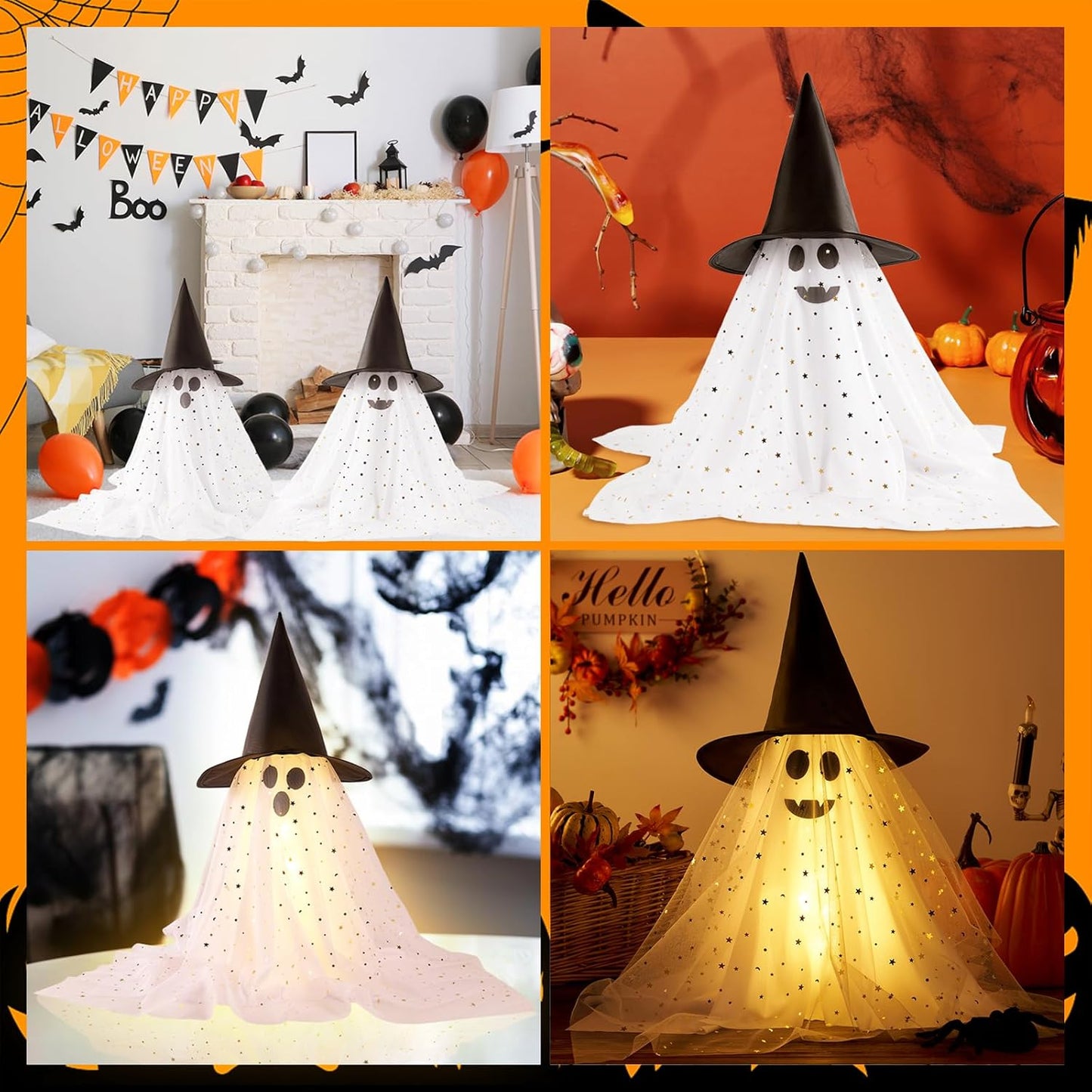 2Pcs Halloween Ghosts Decorations Indoor - Light Up Ghost Crafts with Sequined Netting, Cute Halloween Party Decorations, Spooky Ghost Decor for Home Table Fireplace Kitchen and Office