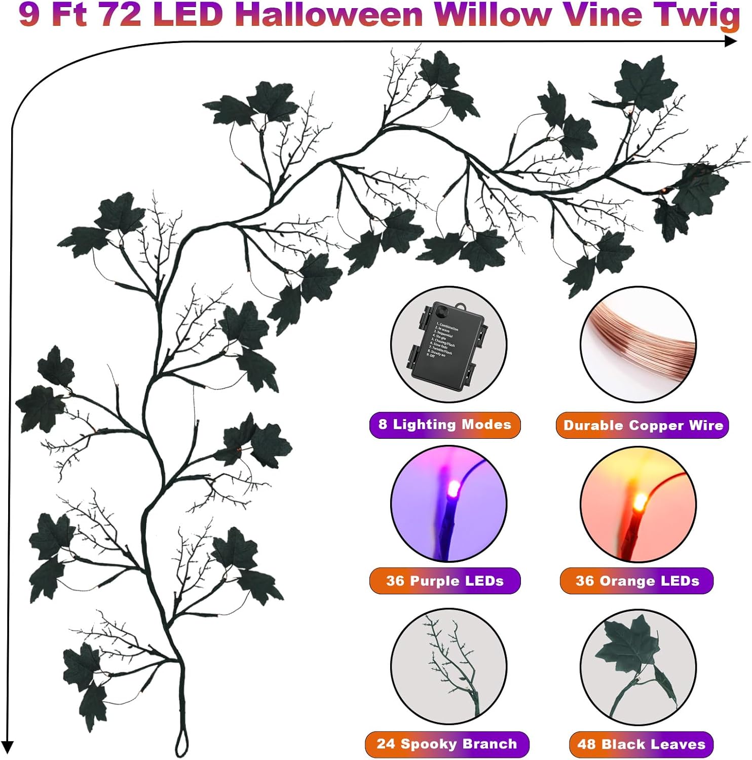9 FT 72 LED Halloween Decorations Willow Vine Twig Decor with Orange Purple Lights and Dead Branches Black Leaves -Battery Operated 8 Modes for Indoor Wall Fireplace Halloween Decorations
