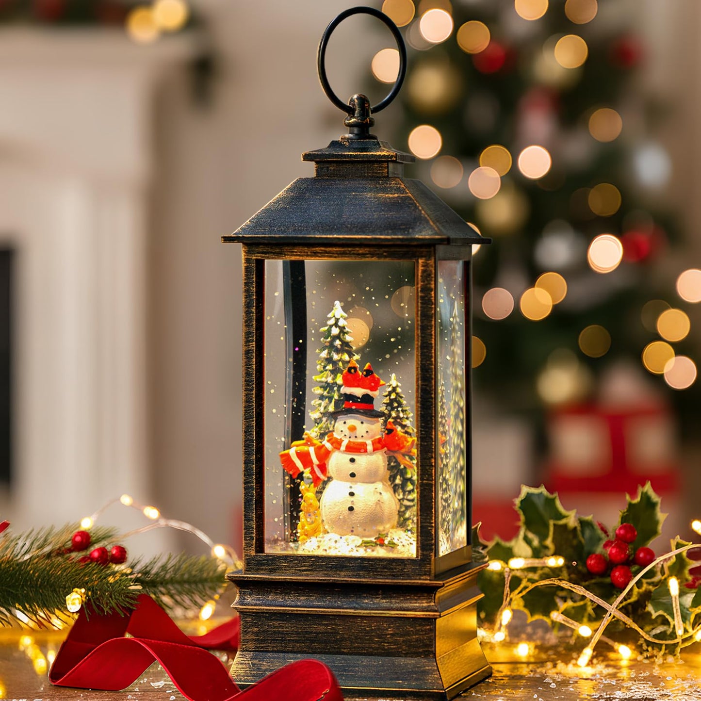 Christmas Snow Globes Christmas Water Lantern with Snowy Train Snowman, Music & 6H Timer, USB Lined/Battery Operated Lighted Lanterns for Xmas Festival Decoration Gifts