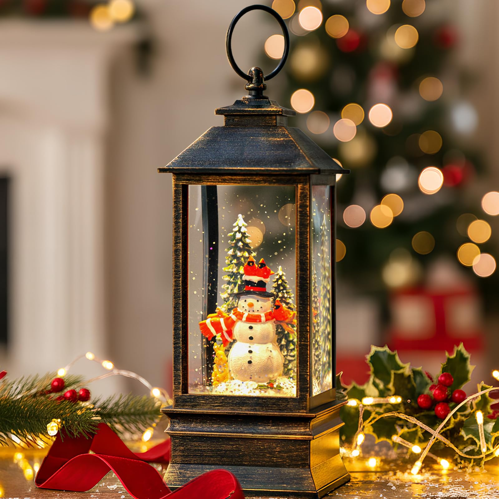 Christmas Snow Globes Christmas Water Lantern with Snowy Train Snowman, Music & 6H Timer, USB Lined/Battery Operated Lighted Lanterns for Xmas Festival Decoration Gifts