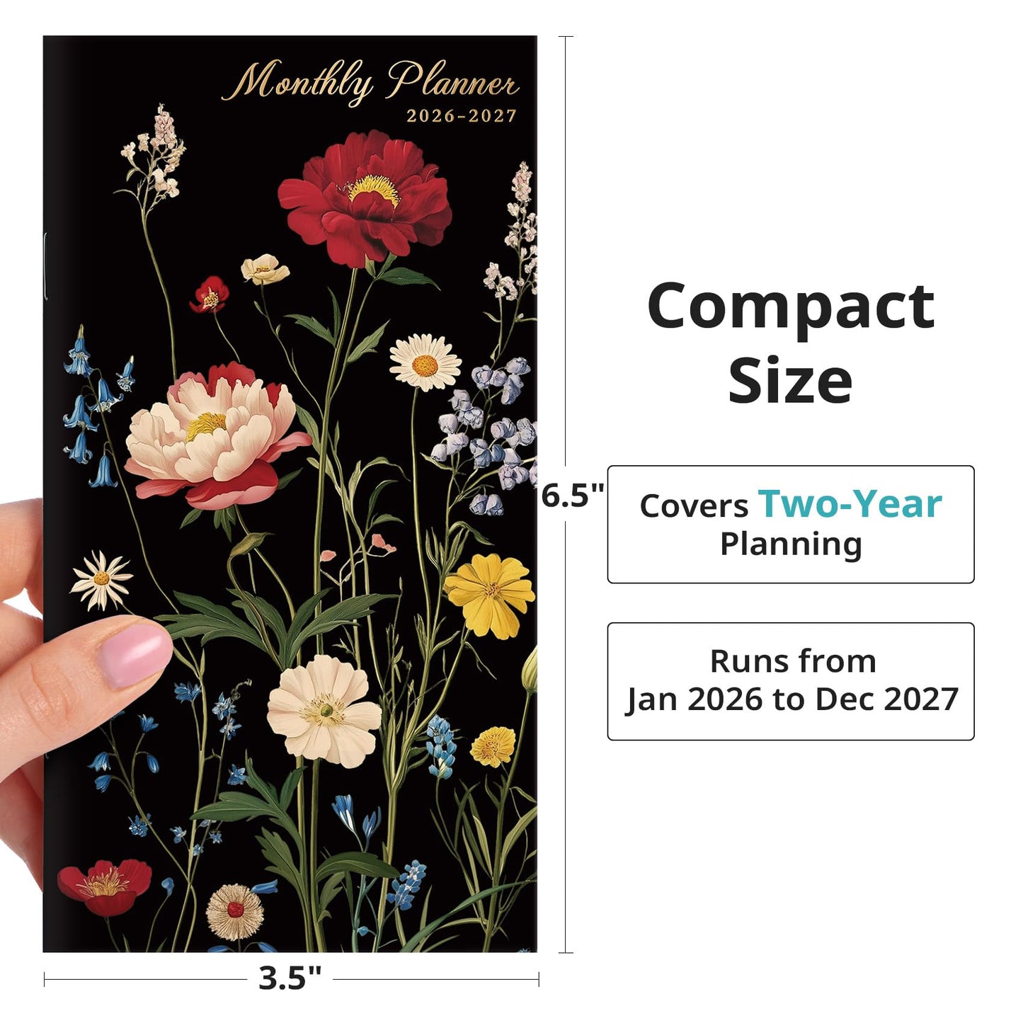 Pocket Calendar 2026-2027 for Purse, Two Year Monthly Planner Pocket Size, Jan 2026 to Dec 2027 Monthly Planner Small Size (6.5" x 3.5") - Wildflowers