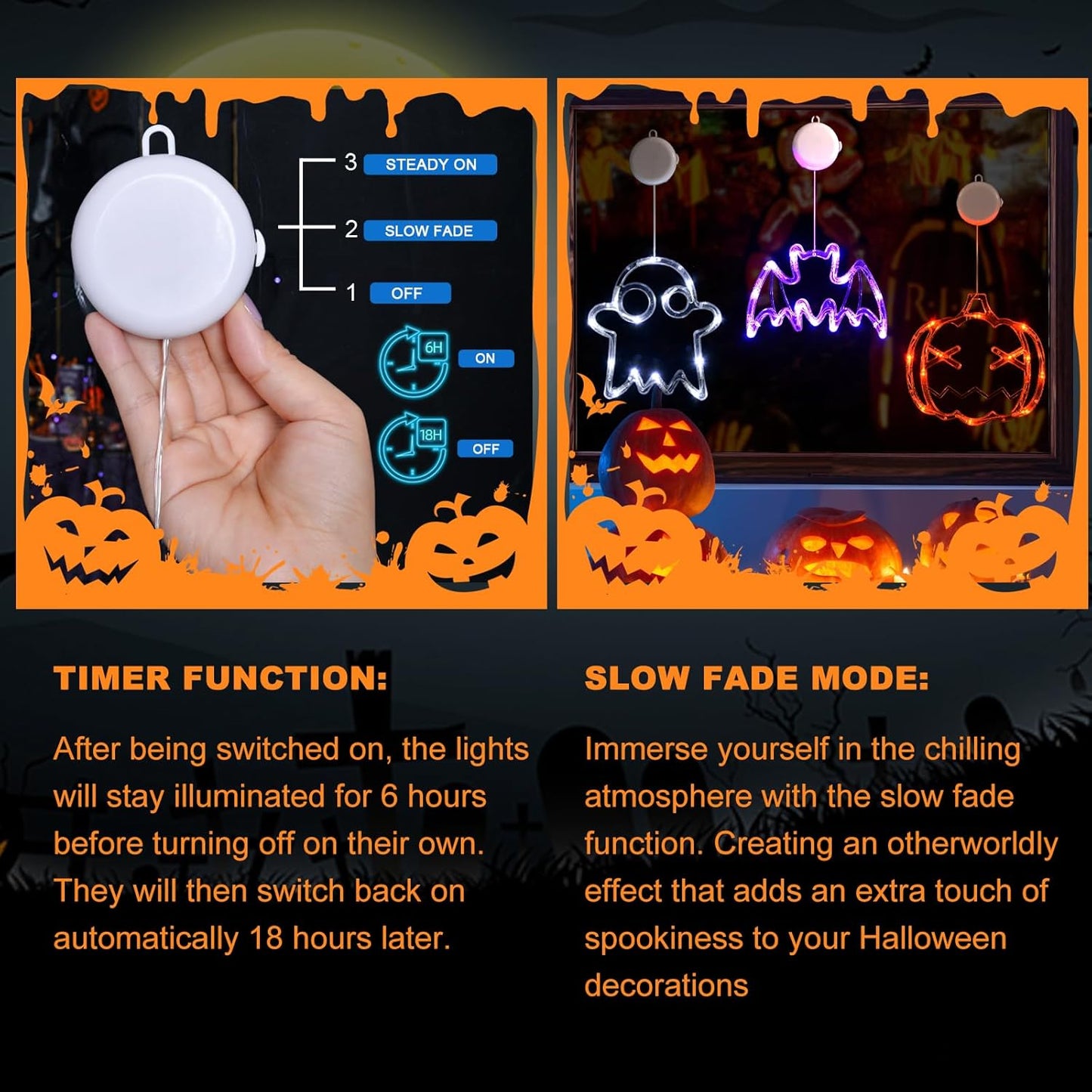 LOLStar Halloween Lights Decorations 2025 3-Pack Orange Pumpkin White Ghost Purple Bat Window Lights with Suction Cups, Battery Operated Halloween LED Lights Window Decor Slow Fade Mode and Timer