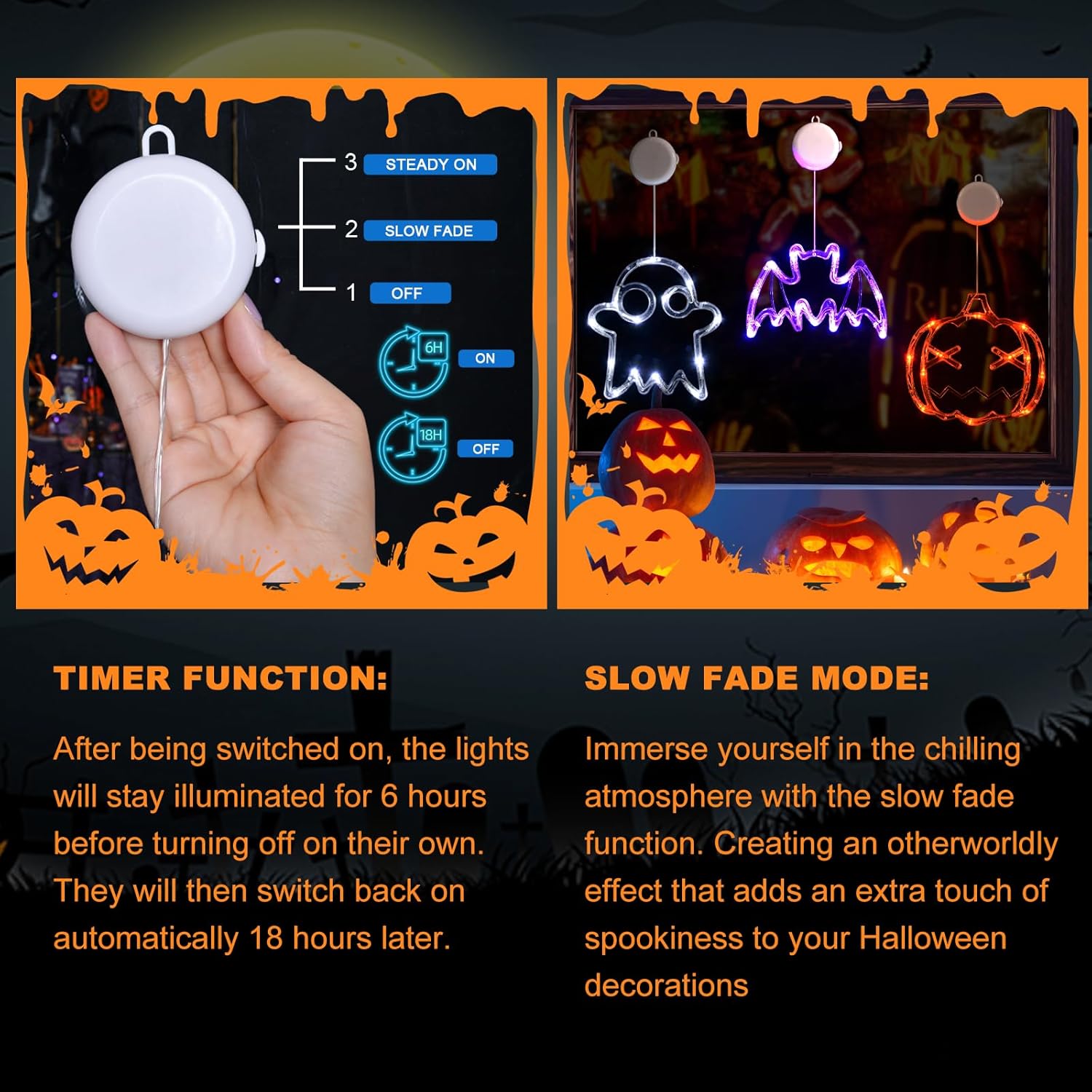 LOLStar Halloween Lights Decorations 2025 3-Pack Orange Pumpkin White Ghost Purple Bat Window Lights with Suction Cups, Battery Operated Halloween LED Lights Window Decor Slow Fade Mode and Timer