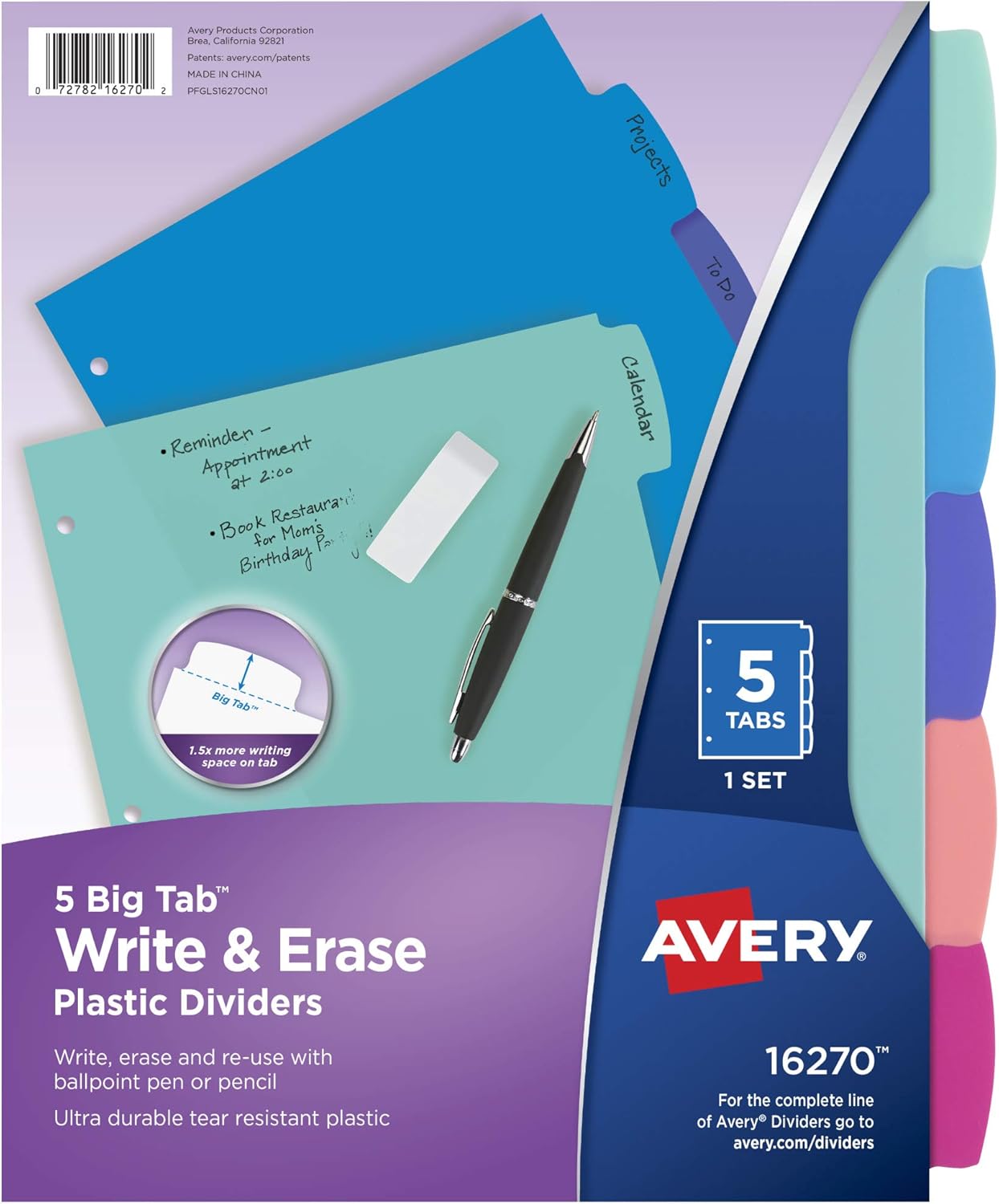 Avery Durable Plastic 5-Tab Write & Erase Big Tab Dividers for 3 Ring Binders, Pastel Brights (16270)