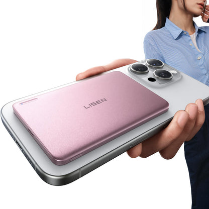 LISEN 0.3‘’ Ultra Slim MagSafe Portable Charger iPhone,Alloy 5,000mAh Wireless Card Slim MagSafe Battery Pack,Essential Phone Accessories,Magnetic Power Bank for iPhone 16e Pro Max/15/14/13/12,Glacier