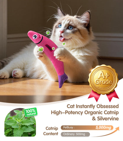 Cat Toys with[5000mg A+Natural Catnip &Silvervine] [Baby Grade] Interactive Soft Chew Kicker Cat Toys for Indoor Cats & Kittens, [Crinkle &Bell] Fish Sound Toy, Drives Bored Cat Crazy with Fun