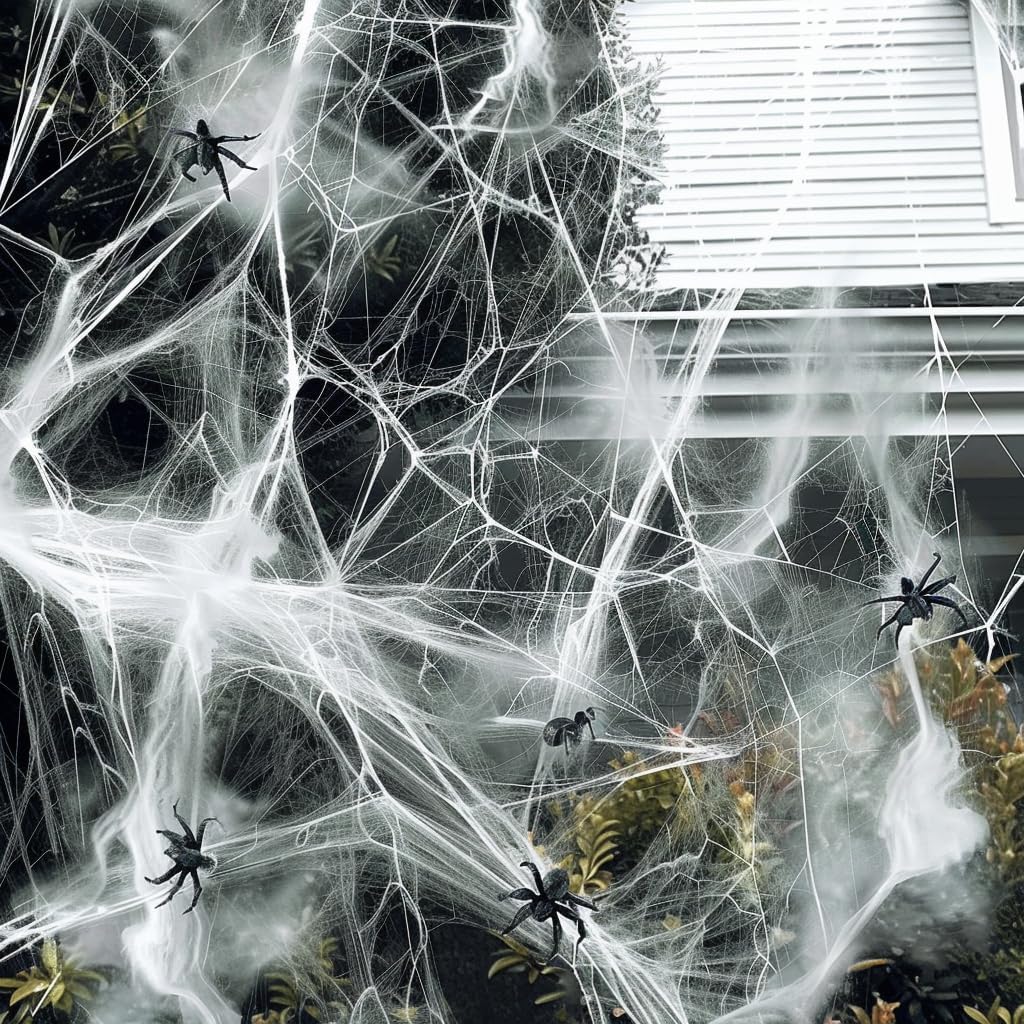 1000 sqft Halloween Spider Webs Decorations with 120 Extra Fake Spiders, Super Stretchy Cobwebs for Halloween Decor Indoor and Outdoor