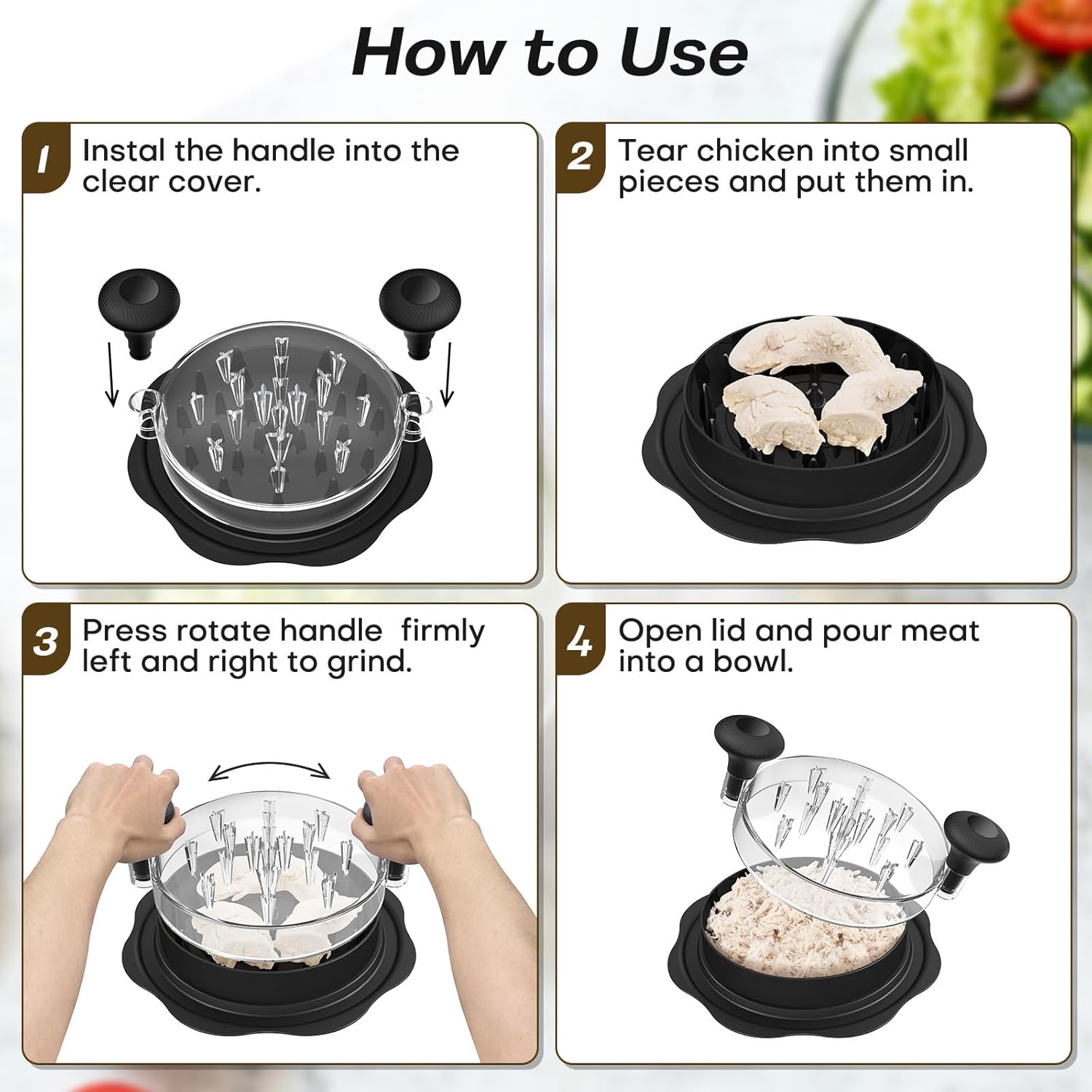 10" Pro Chicken Shredder Tool Twist Large for Kitchen, BPA-Free Food-Safe Meat Grinder, Visible Chicken Breast Meat Shredder with Strong Anti-Slip Bottom & Ergonomic Handle, Black