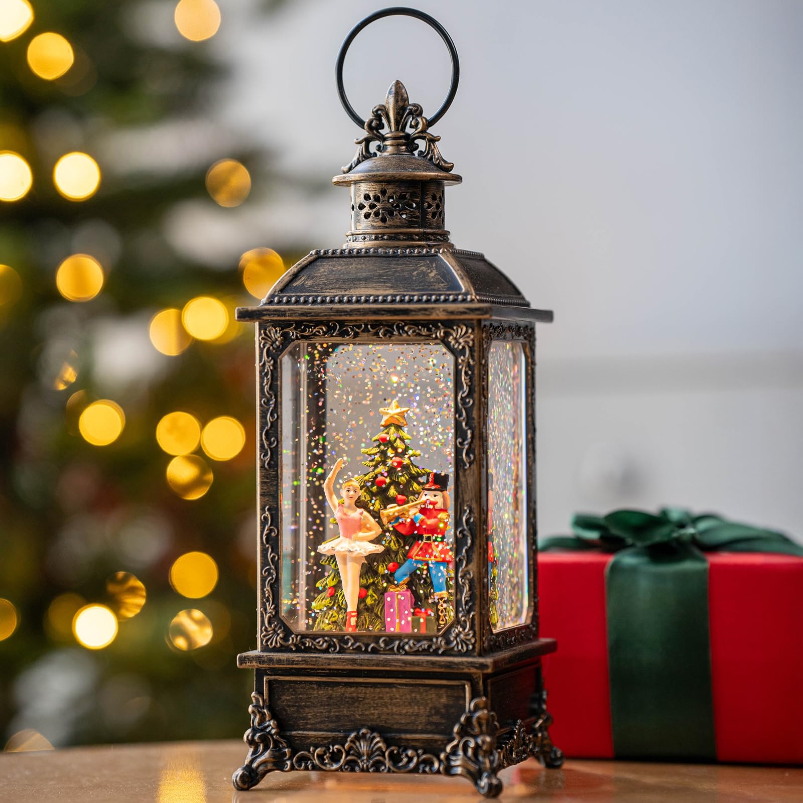 Christmas Snow Globe Swirling Glittering Nativity Scene with Music, USB Lined/Battery Operated Lighted Water Lantern for Christmas Festival Decoration Gifts