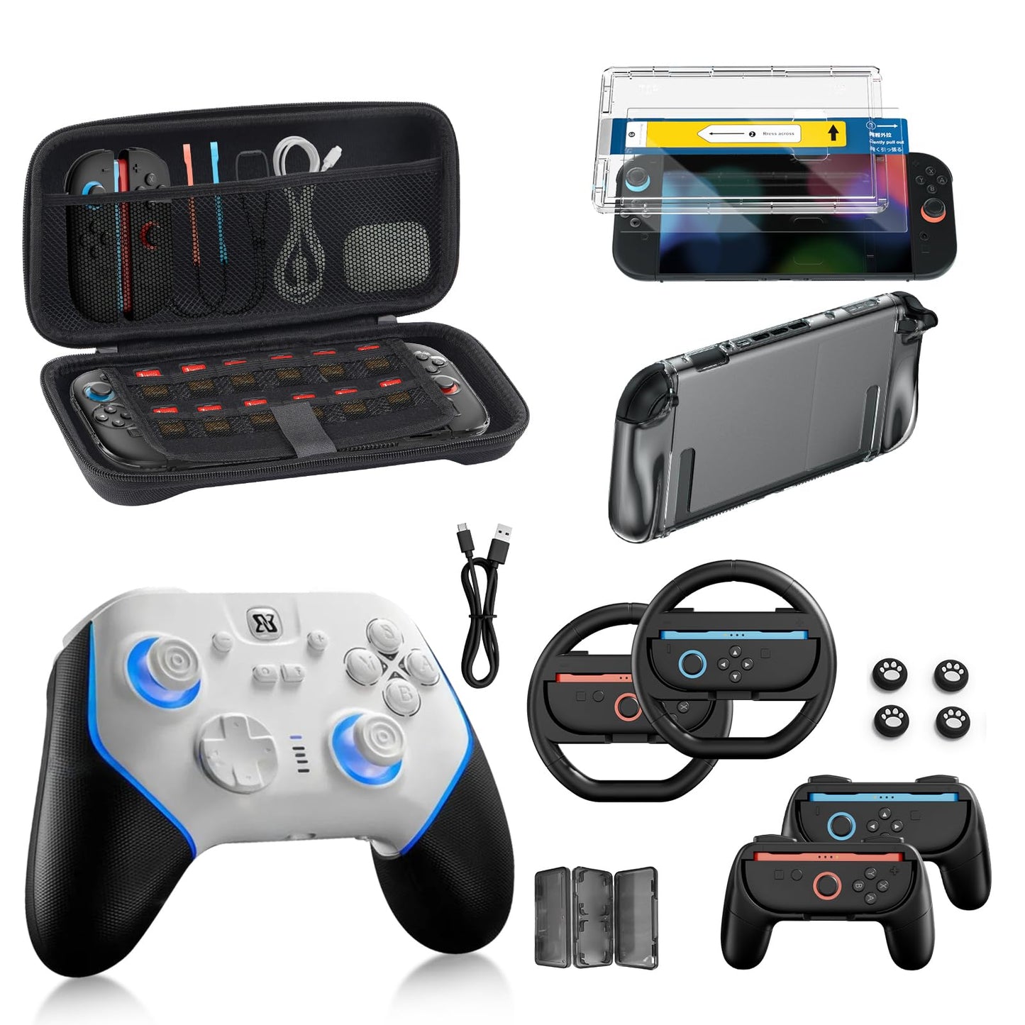 Switch 2 Pro Controllers Accessories Bundle for Nintendo 17-in-1: Carrying Case, Screen Protector, Thumb Grip for Joycon, Dockable Console Protective Cover Shell, Steering Wheel, 2025 Switch2 Game Kit