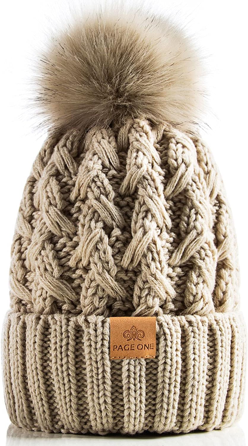PAGE ONE Womens Winter Ribbed Beanie Crossed Cap Chunky Cable Knit Pompom Soft Warm Hat
