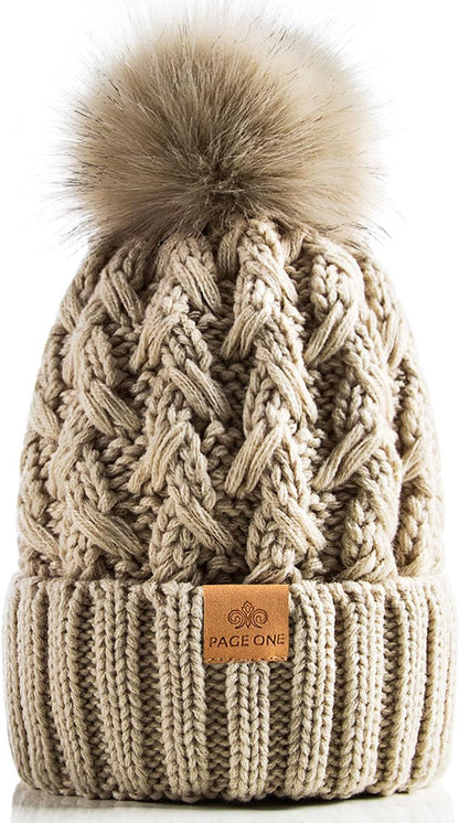 PAGE ONE Womens Winter Ribbed Beanie Crossed Cap Chunky Cable Knit Pompom Soft Warm Hat