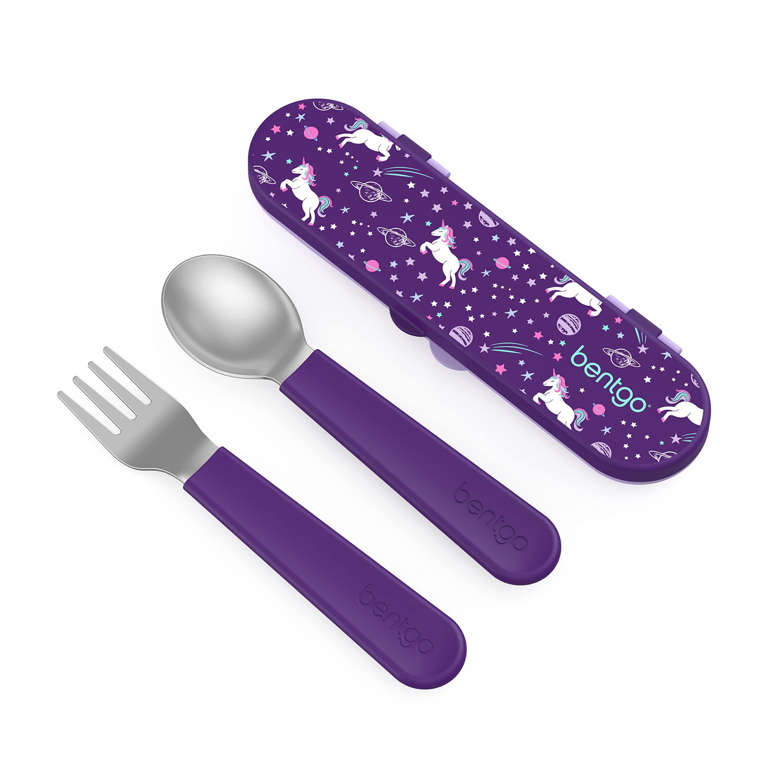 Bentgo® Kids Stainless Steel Utensil Set - Reusable Fork, Spoon & Storage Case - High-Grade BPA-Free Stainless Steel, Easy-Grip Handles, Dishwasher Safe for School Lunch, Travel & Outdoors (Purple)