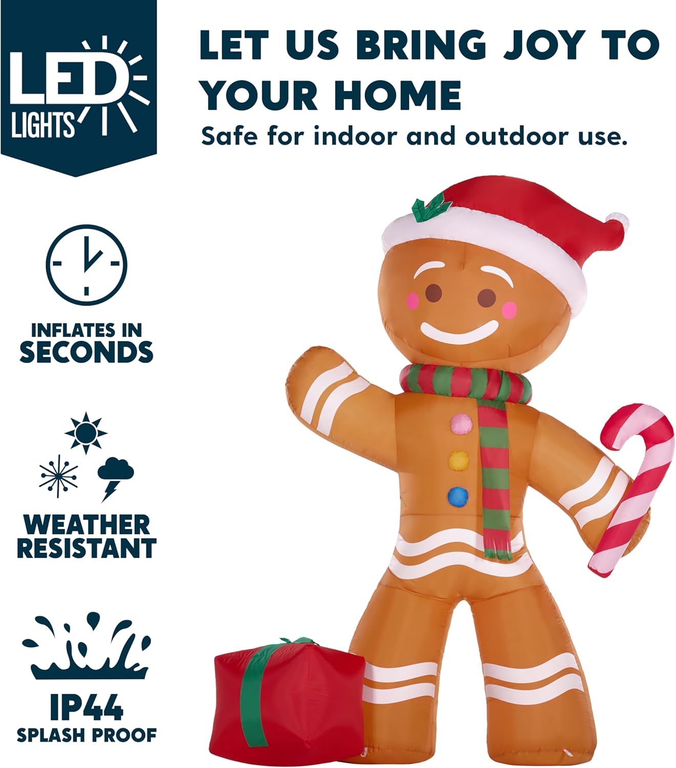 Joiedomi 8 FT Christmas Inflatables Gingerbread Man with Candy Cane, Christmas Blow Ups Gingerbread Inflatable Yard Decoration with Build-in LEDs for Xmas, Party, Outdoor, Yard, Garden, Lawn Décor