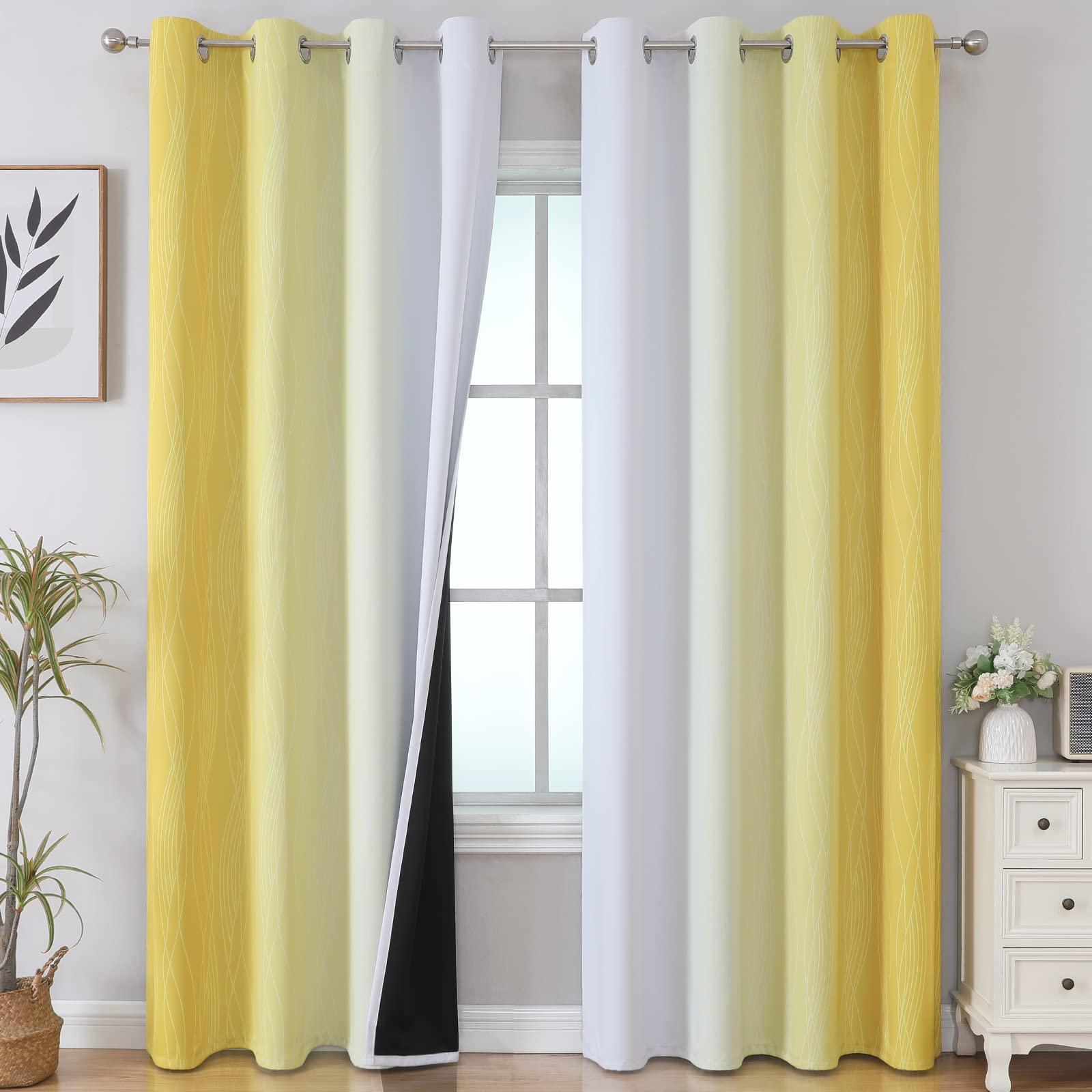Estelar Textiler Beige and Greyish White Blackout Curtains for Living Room, Full Room Darkening Gradient Drapes for Bedroom, Thermal Insulated Ombre Grommet Curtains for Dining Room,52Wx84L,2 Panels
